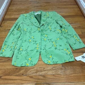 Vintage Rena Rowan Fully lined Grass Green Embroidered Silk Blazer Size 8